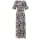DAIIIBABYYY  -  Summer Pattern Printed High Waist Long Dress Female Elegant Square Neck Short Sleeved Pleated Dress Casual Commuting Loose Dress