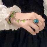 Daiiibabyyy  Lolita Gothic Crystal Finger Bracelet for Women Baroque Rose Lace Bracelet with Finger Ring Charm Vampire Hand Jewelry Pulseras