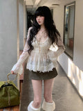 Daiiibabyyy  Streetwear Lace Floral Shirts Women Fashion Sexy Sheer V Neck Blouses Summer Ladies Korean Flare Long Sleeve Design Tops