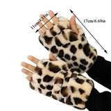 Daiiibabyyy  Imitation Rabbit Hair Leopard Print Half-Finger Gloves WinterPlush Warm Gloves Outdoor Cycling Driving Fingerless Gloves Women