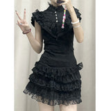 Daiiibabyyy  Goth 2Piece Set Y2k Slim Lace Sweet Womens Dresses Short Sleeve Button Party Dress Harajuku 90s Emo Grunge Summer Lolita Suit