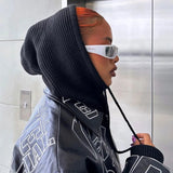 Daiiibabyyy New Women's Hooded Scarf Pullover Hat Solid Color Knit Pullover Drawstring Balaclava Winter Warm Hat Beanie 6 Colors