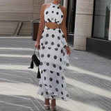Daiiibabyyy  Women Elegant Luxury Slim 2Pc Suits Polka Dot Print Holiday Skirt Outfits Sexy Halter Sleeveless Top & Layered Ruffle Skirt Set
