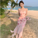 DAIIIBABYYY  -  French Vintage Style 3D Cut Rose Flower Irregular Bottomfish Tail Skirt Tank Dress Nonsquare Neckline Casual Prom Gown