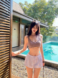 Daiiibabyyy  Moka Cocoa Retro Plaid Sexy Bikini Swimsuit Separate Strap Thermal Beach Pants Hot Springs Triangular Design Polyester Material