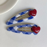 Daiiibabyyy  1PC Cute Blue And White Plaid Hair Clips With Red Heart Decor, 2 - Piece Sweet Hairpins, Lovely Hair Accessories For Girls
