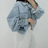 Daiiibabyyy  Women Cropped Denim Jacket Loose Oversized Balloon Sleeve Lapel Jean Coat Casual Daily Outerwear
