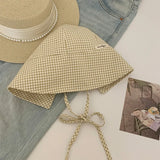 DAIIIBABYYY  -  New Korean Version of Literary Plaid Bucket Hat Women's Summer Sunscreen Big Brim Lace-up Dome Foldable Sun Cap Gorras