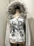 Daiiibabyyy  Grey Faux Fur Wool Double Zipper Jacket Hoodies Women's Slim Waist Hooded Vintage Y2k Coats Ropa Mujer Casual Fashion Sweatshirt