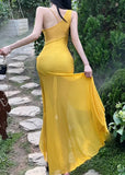 DAIIIBABYYY  -  New Summer Women Fashion Yellow Holiday Irregular Long Dress Sexy V Neck Sheer High Split Fairy Dress Seaside Resort Beach Dress