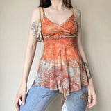 Daiiibabyyy  Tank Tops for Women Summer High-end Designed Temperature Niche Chic French Gentle Style Mesh Printed Irregular Suspender Vest