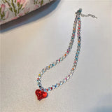 Daiiibabyyy  New Colorful Bead Necklace Sweet Cute Girlish Style Transparent Heart-Shaped Collarbone Chain Novel Necklace Women's Jewelry