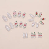 Daiiibabyyy  24pcs Long Almond False Nails Starry Golden Ripple French White Edge Press on Nails Detachable Aurora Strawberry Nail Tips