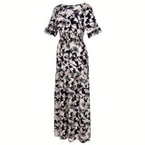 DAIIIBABYYY  -  Summer Pattern Printed High Waist Long Dress Female Elegant Square Neck Short Sleeved Pleated Dress Casual Commuting Loose Dress