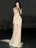 Daiiibabyyy  Luxury Mermaid Evening Dresses Women Sexy Sparkle Mesh Stitching Sequins Strapless Party Dress Lady Special Occasion Prom Gowns