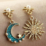 Daiiibabyyy  Fashion Mirco Inlaid Pearl Enamel Blue Moon Sun Asymmetrical Earrings Women Personalized Jewelry Beach Holiday