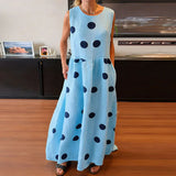 Daiiibabyyy  Elegant High Waist Vacation Dress Leisure Crew Collar Sleeveless Polka Dot Printed Dress Summer Fashion Loose Pleated Maxi Dress