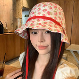 DAIIIBABYYY  -  Korean Version of Sweet Floral Strap Bucket Hat Women's Spring and Summer Small Fresh Pastoral Style Sunshade Thin Sun Cap