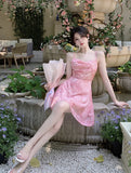 Daiiibabyyy  New Pink Romantic Floral Skirt Summer Slimming Solid Color Fashionable and Fresh Short Skirt Small Slim Strap Dress S6YW