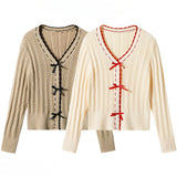 DAIIIBABYYY  -  Sweet Girl V-neck Bow Long-sleeved Knitted Sweaters Autumn and Winter Korean Style Slim Fit Versatile Temperament Pullover Tops