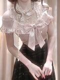 Daiiibabyyy  Casual Sweet Japanese Vintage Off Shoulder Dress Women Polka Dot Lace Trim Bow Pearl Detail Slim Fit Long Dress Elegant Outfit