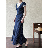 DAIIIBABYYY  -  French Lace Polyester Fiber Patchwork Dress, Summer V-neck, Elegant Polka Dot, Waistband, Slimming Long Skirt