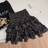 DAIIIBABYYY  -  Floral Skirt New Elastic Spring and Summer Cake Group High Waist Slimming Belly Black Short Skirt