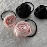 Daiiibabyyy Pink Black Rose Satin Flower Elastic Hair Band Scrunchie Korean Elegant High Quality Ponytail Hair Rope Women Hair Accessories