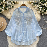 Daiiibabyyy   Embroidered Beaded Lantern Sve irt Women's Summer Thin Loose Outerwear Long Sve Top Korean Sle Commute