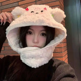 Daiiibabyyy  Cute Plush Winter Integrated Cap Scarf Warm Thickened Ear Protection Hat Casual Soft Beanie Hat Scarf Cycling