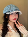 Daiiibabyyy  -  Women Spring Summer Lace Denim Beret Cap Japanese Retro Painter Hat Versatile Big Head Circumference Forward Hat