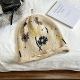 DAIIIBABYYY  -  Korean Flower Jacquard Crimped Knitted Hat Winter Outdoor Warm Ear Protection Big Head Drawstring Design Women Skull Beanie Cap