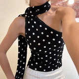 DAIIIBABYYY  -  Streetwear Wave Point Sexy Tanks Vintage Skew Collar One Shoulder Bandage Harajuku Camisole Y2k Aesthetic Bodycon Cropped Vest