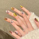 Daiiibabyyy  10pcs Handmade Short Cat Eye Fake Nails Gradient Brown Gold Luxury False Nails with Diamond Design Wearing Press on Nails