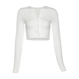 DAIIIBABYYY  -  New Women's Solid Color Slim Fit with Exposed Navel Fashion Round Neck Long Sleeved Cardigan T-shirt for Women