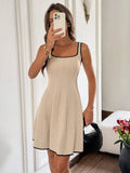 Daiiibabyyy  Beige Sleeveless Square Neck Mini Dress With Black Edge Detailing, Fitted Waist A-Line Cut, Chic Casual Summer Style