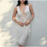 Daiiibabyyy  Lace Trim Tie-Up Corset Top Pencil Skirt Set Slim Fit Sleeveless Midi Length Summer Women Dress Chic Coquette Lady Co-ord