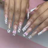 Daiiibabyyy  24Pcs Long Square Head Press on Nails Pink Leopard Print French Design False Nails 3D Bow Detachable Full Cover Fake Nails Tips