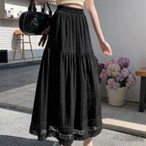 Daiiibabyyy  Basic Solid Color Lace Patchwork Long Skirts Spring Summer Aura Korean Women's Clothing High Waist Elastic Stylish Folds Skirts