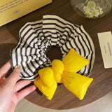 DAIIIBABYYY  -  Yellow cotton bow black and white striped pleated large intestine hair tie, fashion versatile cute sleep hair tie hair accessory