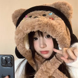 Daiiibabyyy  1pc Headphone-Style Puppy Hat for Women, Autumn & Winter Cute Fleece Hat-Scarf Set, Thickened Warm Ear & Neck Protection