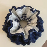 Daiiibabyyy  1PC Large Navy Blue Plaid Hair Scrunchie With Lace Trim, Chic Ruffled Hair Tie, Stylish Hair Accessory For Women