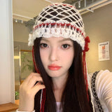 Daiiibabyyy  Women's Kawaii Hats Sweet Cute Y2K Hollowed Out Flower Bun Hat Color Blocked Knitted Woolen Cold Hat Beret Korean Version Caps