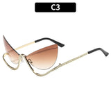 Daiiibabyyy  Retro Large Frame Diamond Inlaid Butterfly Shaped Cat Eye Sunglasses with Women's High-end Decoration Hip-hop Sunglasses