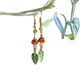 Daiiibabyyy  Retro Temperament Forest-style Mushroom Green Leaf Glass Tassel Dangle Earrings for Women Bohemian Creative Jewelry Accessories