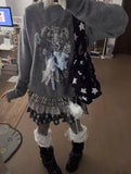 Daiiibabyyy  New American Style Girl Vintage Gray Tone Retro Polka Dot Striped Star Patchwork Bead Cake Skirt Women