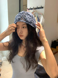 Daiiibabyyy  Women's Hats Y2k Caps Haze Blue Korean  Version Hand Crocheted And Hollowed Out Flower Shaped Cap Pile Pile Cap Sweet Cool Cap