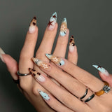 Daiiibabyyy  24PCS Sweet Cool Blue Gradient French False Nail Brown Leopard Print with Star Long Almond Press on Nail Y2k Ins Style Fake Nail