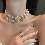 Daiiibabyyy Fashion 2-layers White Imitation Pearl Choker with Metal Slice Fixation Wide Bib Necklace Jewelry for Charm Women Party Gift