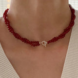 Daiiibabyyy  Handmade Red Color Agate Natural Stone Twist Rope Chain Double Layers Beaded Necklace for Women Silver Toggle Clasp Choker